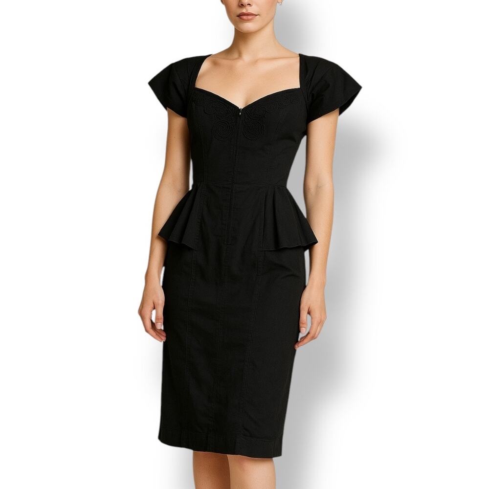 Vintage 80s Black Denim Peplum Dress‎ Open Back Embroidered Bodice Puff Sleeves
